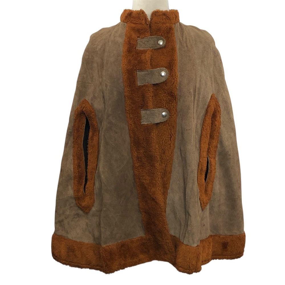 70s Vintage Suede Faux Fur Cape Poncho Brown